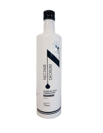 Botella de 750ml blanco con logo negro de aceite de Oliva Extra Arbequina.