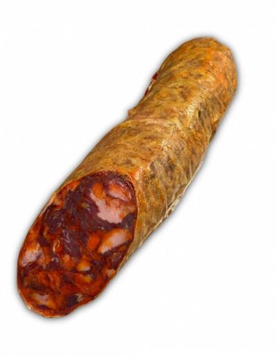 Imagen de un chorizo ibérico parido a la mitad.